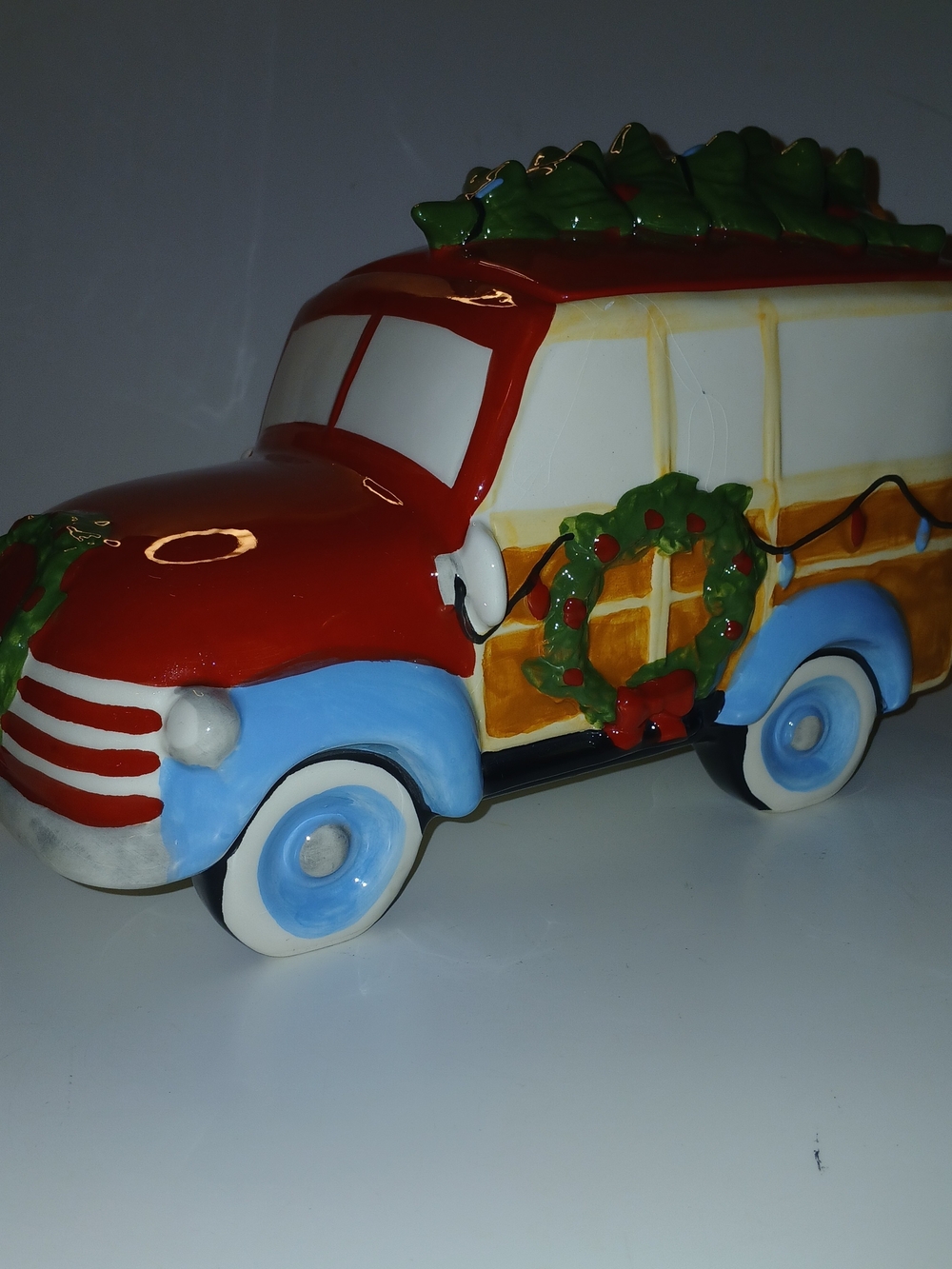 Holiday Time Red and Light Blue Vintage Truck with Green Wreaths